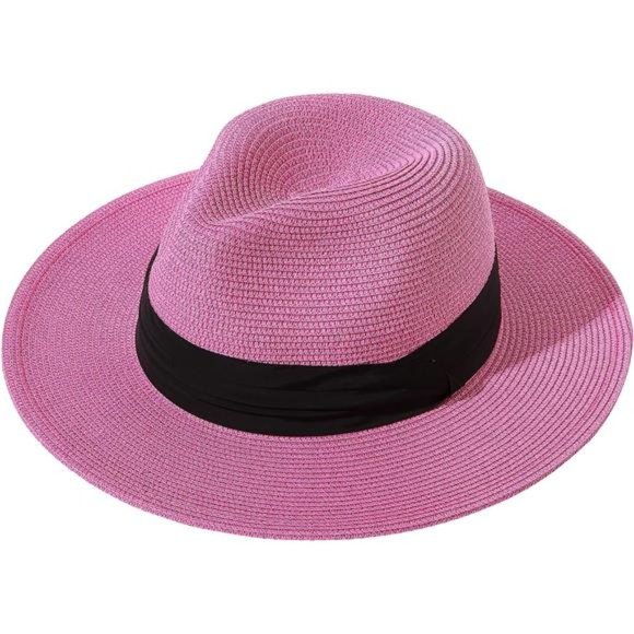 Women Wide Brim Straw Panama Roll up Hat Rose